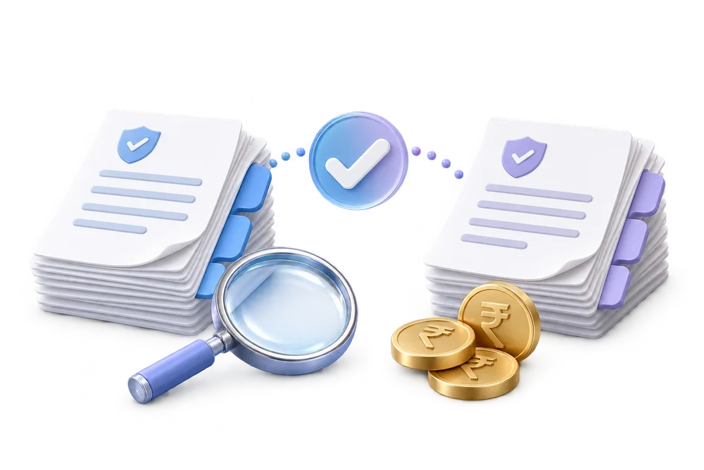 Matched policy records and a magnifying glass for brokerage reconciliation